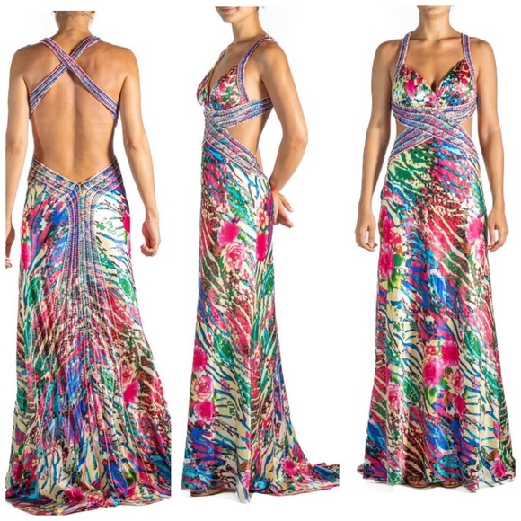 Cache Dresses & Skirts - VTG Vintage‎ Cache Beaded Floral Watercolor Rainbow Size 2 Cut Out